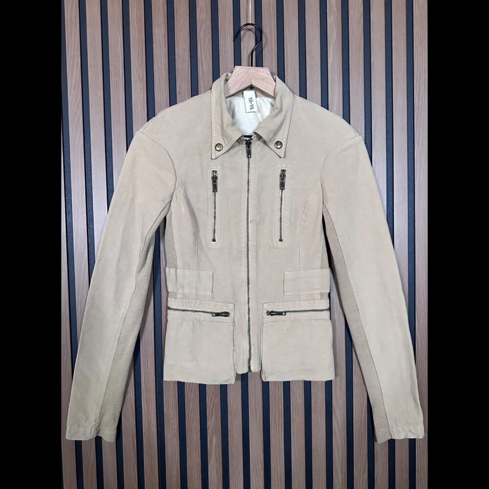 Ya-Ya Jacket Petite P Womens Beige Motorcycle Jacket 100% Cotton Pocket Zip